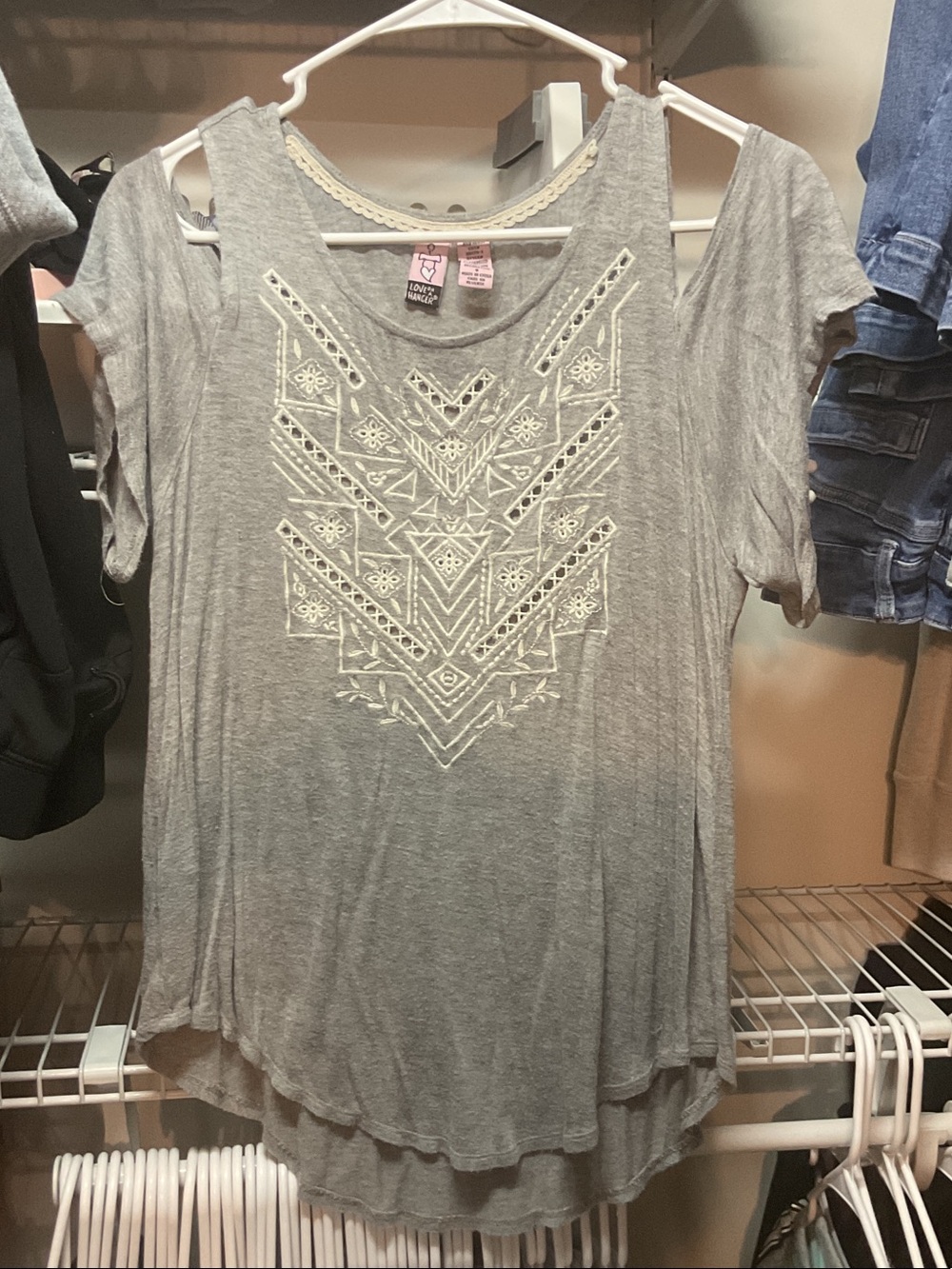 love on a hanger Grey Cold-Shoulder Tunic with Cream Embroidery